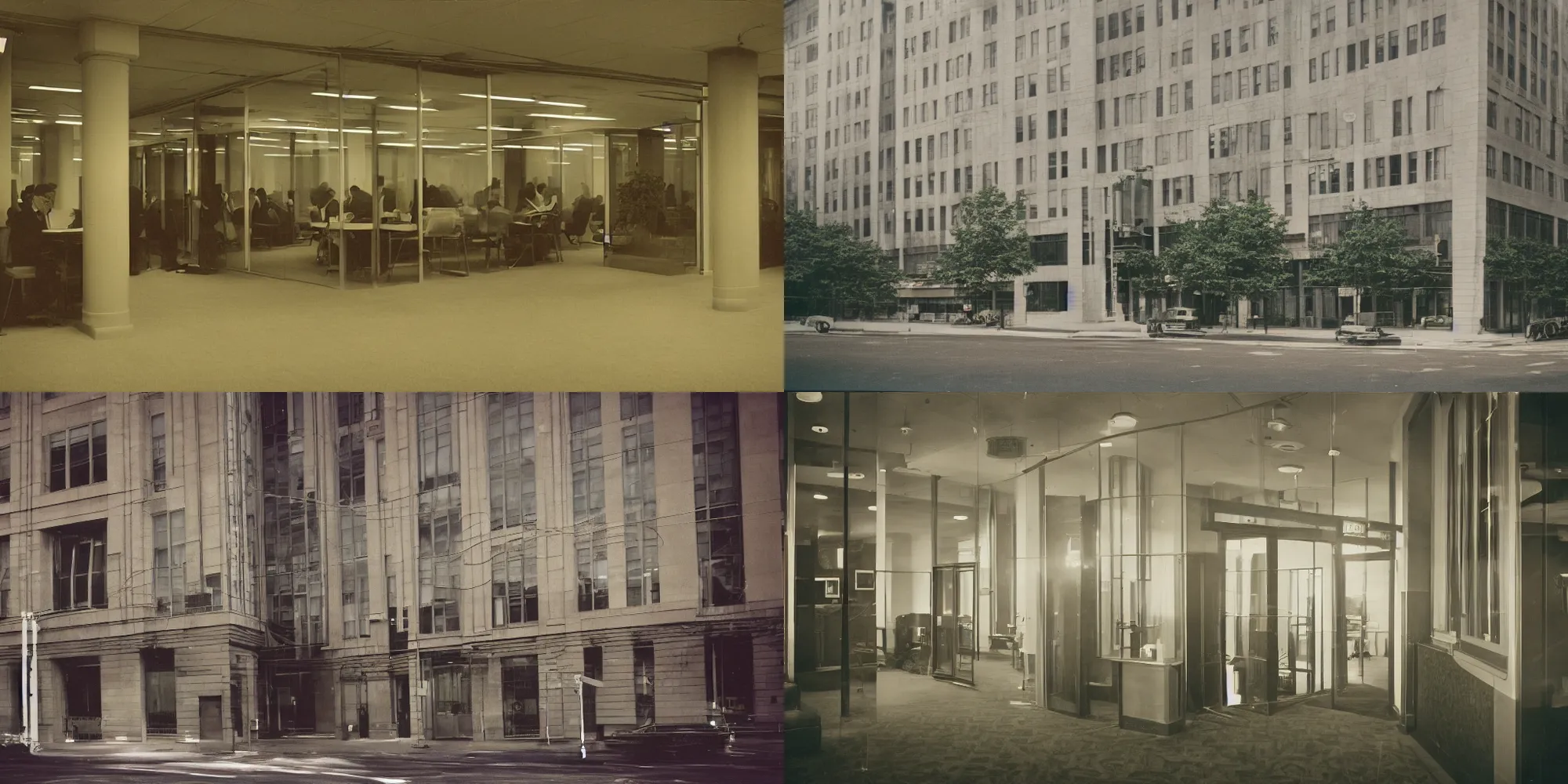 Prompt: 1920s office building, cinestill 800t 50mm eastmancolor, liminal space