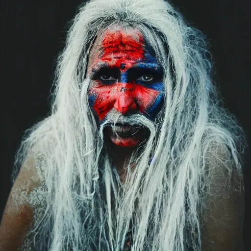 Image similar to 3 5 mm coloured film portrait of strange female aghori sadhu covered in ash creature, hyperrealism, photorealistic, detailed, atmospheric, 8 k, award winning photography, cinematic