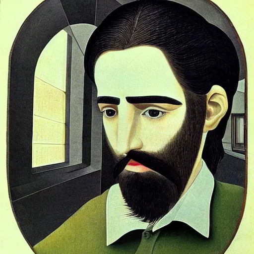 Image similar to young man, long hair!!!!, short facial hair, no mustache, dark green eyes, dark eyebrows, light widows peak light facial hair, in the style of mauritz cornelis escher, in - frame