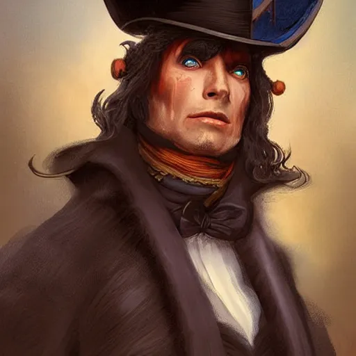 Image similar to Doran, a human warrior in a top hat, 8k resolution, full-length portrait, digital painting, fantasy illustration by Brom, D&D character art