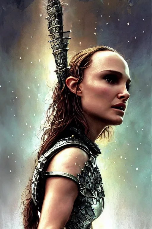 Image similar to natalie portman, legendary warrior, heroic, lord of the rings, tattoos, decorative ornaments, battle armor, by omar ortiz, valeri tsvetkov, carl spitzweg, ismail inceoglu, vdragan bibin, hans thoma, greg rutkowski, alexandros pyromallis, perfect face, fine details, realistic shading photorealism