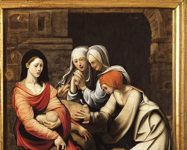 Image similar to 1 7 th century painting of 3 women mourning at the tomb of jesus, fibonacci, 2 angels pointing to the tomb, dramatic light, caravaggio, rubens