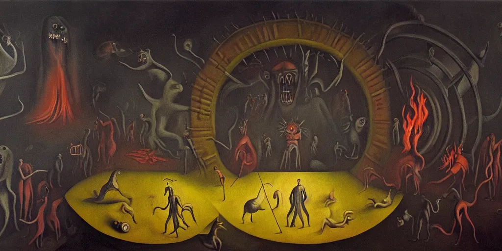 Image similar to trapped on a hedonic treadmill, dark uncanny surreal painting by leonora carrington, dramatic lighting from fire glow, mouth of hell, ixions wheel