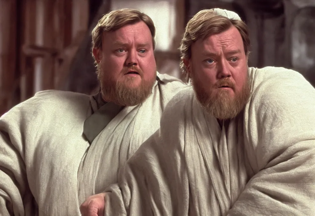 Image similar to obi wan kenobi but obese!! and overweight, photoralistic rendering, movie still, screenshot, hyperdetailed