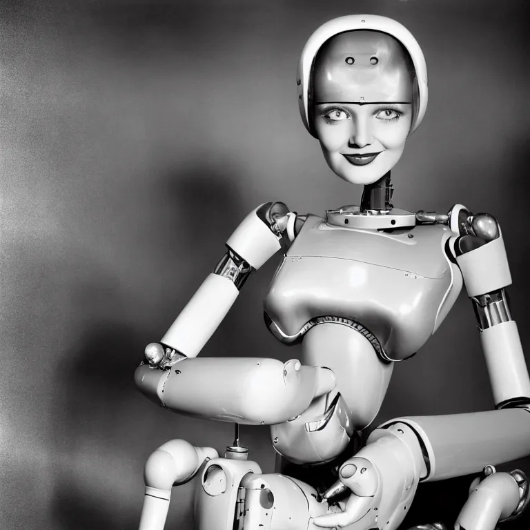 Prompt: 1950s future prediction of an artificially intelligent robot fashion model with stunning eyes smiling at the camera, award winning portrait photo by Annie Leibovitz, super detailed sigma 1.8 55mm boekin