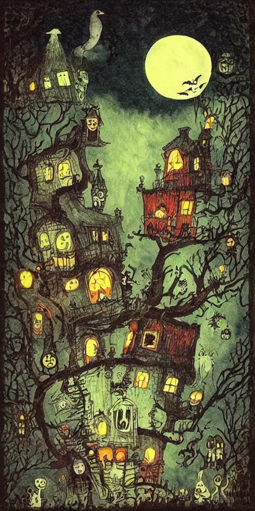 Prompt: a halloween scene by alexander jansson and maurice sendak. halloween color palette