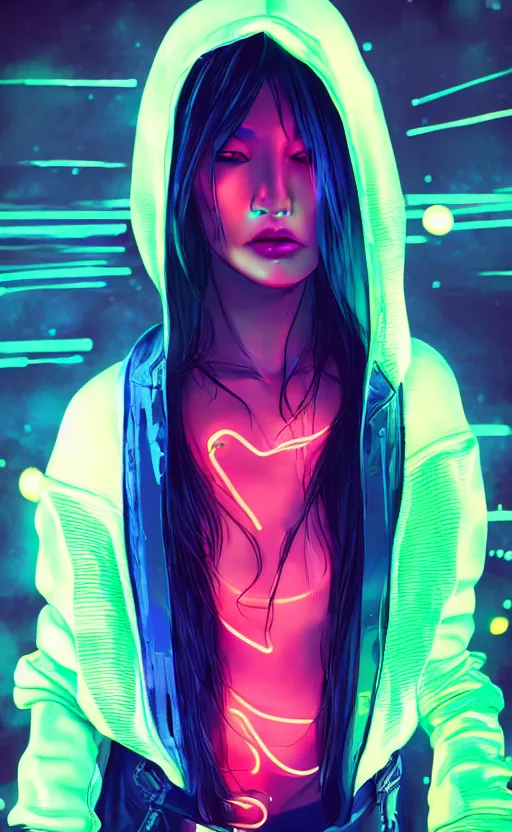 Image similar to a cyberpunk girl wearing neon hoodie, chrome, neon light, japan, perfect face, high detailed, realistic, preatty face, asian, long hair, cyberpunk, geisha, arcane style, 3 d mix with 2 d