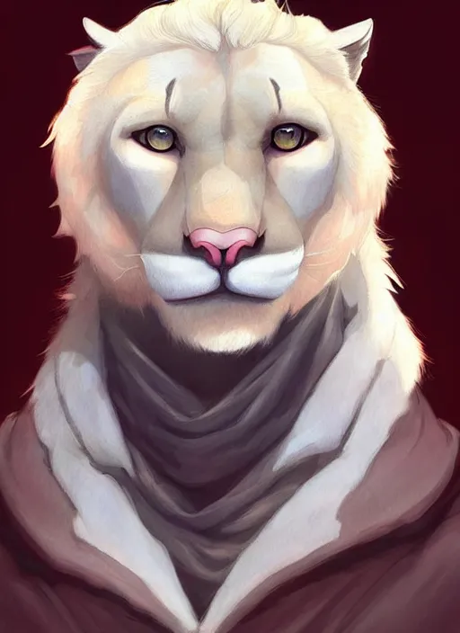 Prompt: beautiful portrait commission of a male furry anthro albino mountain lion with dark red eyes wearing miner's clothes in the year 1915. Atmospheric. Character design by charlie bowater, ross tran, artgerm, and makoto shinkai, detailed, inked, western comic book art