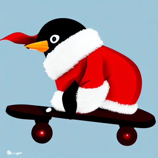 Prompt: penguin in santa hat on a skateboard, digital art