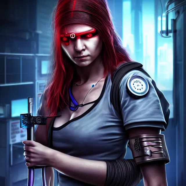 Prompt: cyberpunk nurse warrior, highly detailed, 4 k, hdr, smooth, sharp focus, high resolution, award - winning photo, anne stokes, photorealistic