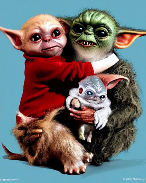 Prompt: The Mogwai Gizmo, from the movie Gremlins, holds hands with his friend baby Yoda, trending on artstation, Photorealistic