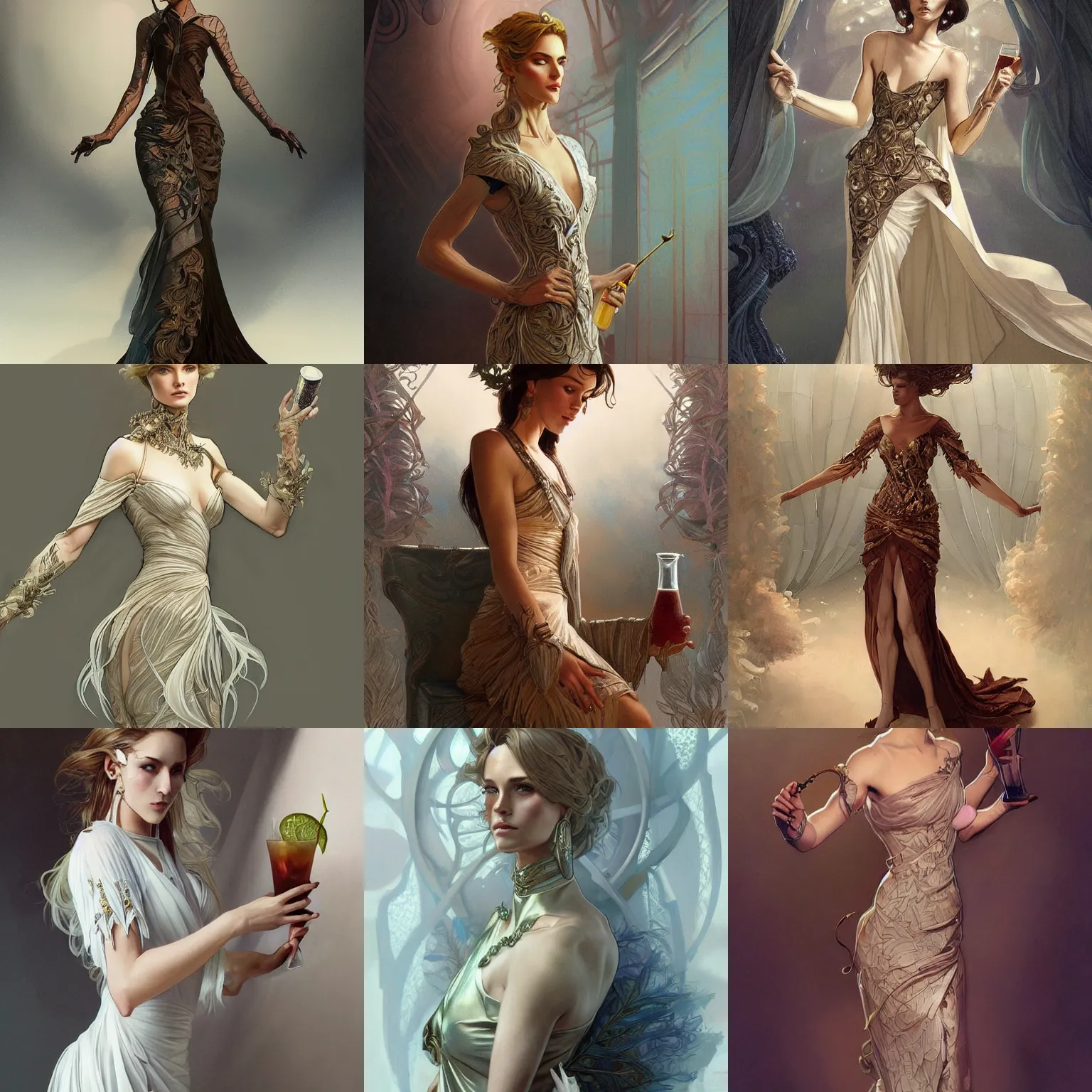 Prompt: an androgynous cocktail dress for a fantasy gala, intricate, elegant, highly detailed, digital painting, artstation, concept art, smooth, sharp focus, illustration, art by artgerm and greg rutkowski and alphonse mucha