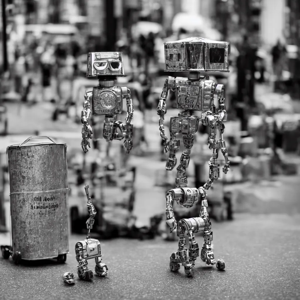 Prompt: a tin can robot with luggage in new york, Carl Zeiss 85mm lens, bokeh