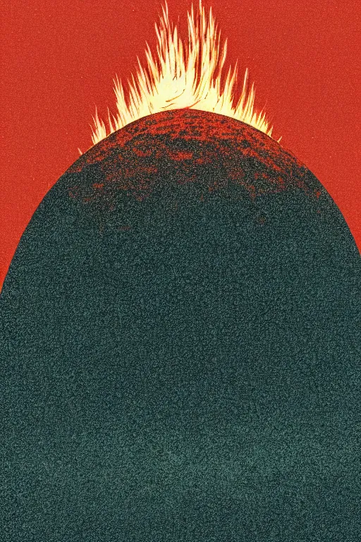 Image similar to planet earth from space on fire,moody, Karolis Strautniekas, Mads Berg, stippled light, dramatic lighting,editorial illustration, detailed,fine texture, matte print,dynamic composition,blue+green+dark orange+red+dark blue+beige, misty fog, linocut