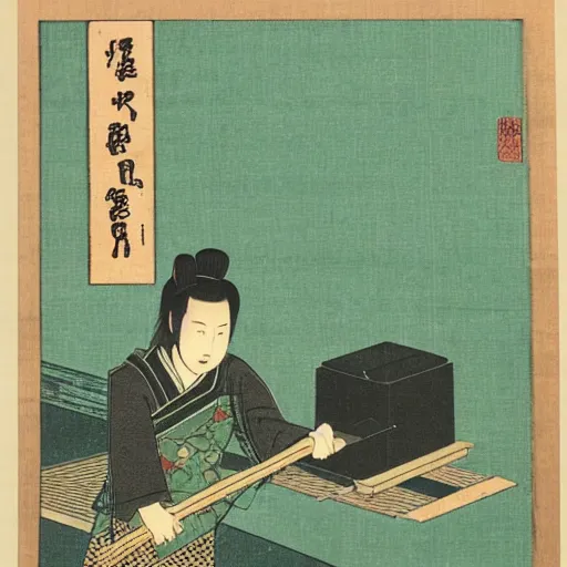 Image similar to japanese woodblock print of a vacuum cleaner