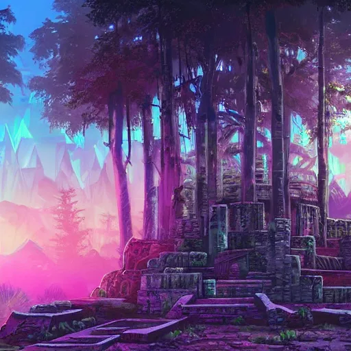 Image similar to ancient ruins in the forest, epic retrowave art, vaporwave, synthwave, trending on art station