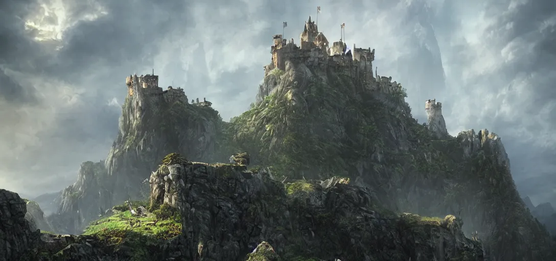 Prompt: massive castle on a mountain cliff, sourrounded by northern forrest, dramatic lighting, cinematic, establishing shot, extremly high detail, foto realistic, pirates of the carribean, cinematic lighting, post processed, concept art, artstation, matte painting, style by eddie mendoza, raphael lacoste, alex ross