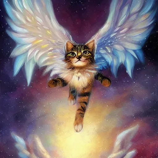 Image similar to cute cat flying with angel wings, fantasy, cosmos, tony sart