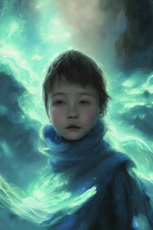 Prompt: a fancy portrait of a small celestial child in a blue and green portal to another dimension by greg rutkowski, sung choi, mitchell mohrhauser, maciej kuciara, johnson ting, maxim verehin, peter konig, bloodborne, 8 k photorealistic, cinematic lighting, hd, high details, dramatic, dark atmosphere, trending on artstation