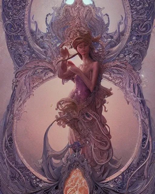 Prompt: a beautiful detailed ornate, ornamentation, elegant, beautifully soft lit, by wayne barlowe, peter mohrbacher, kelly mckernan, m