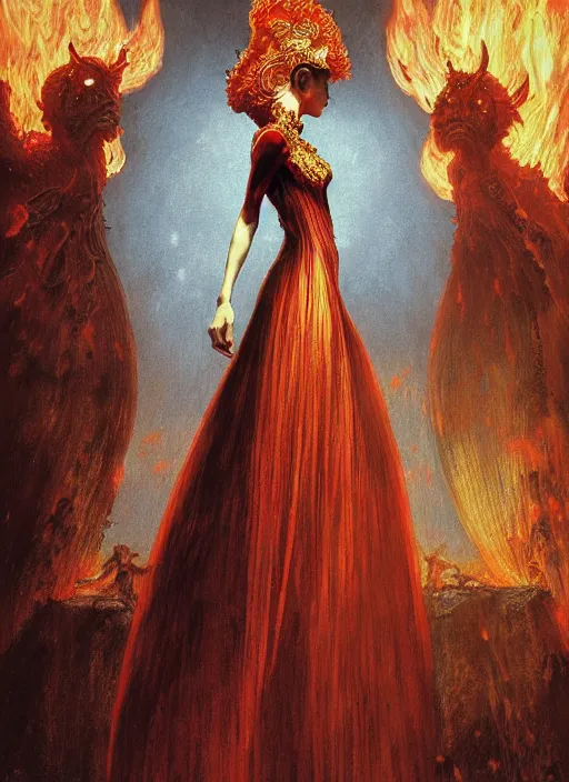 Image similar to Girl at a fashion show in hell, model a magnificent McQueen couture bright clothes, fashion style, horror, fire, lava, intricate, elegant, highly detailed, artstation, concept art, smooth, sharp focus, illustration, art by and greg rutkowski and orientalism and bouguereau and Zdzislaw Beksinski