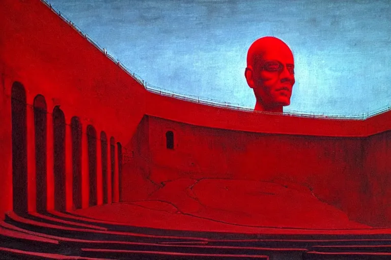 Image similar to only with red, a red melted emperor in an authoritarian position, taormina amphitheatre, crowd hails him, in the style of beksinski, parts by edward hopper, parts by rodcenko, parts by yue minjun, intricate and epic composition, red by caravaggio, insanely quality, highly detailed, masterpiece, red light, artstation, 4 k