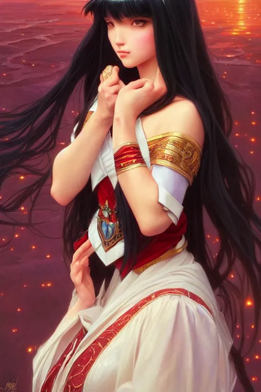 Image similar to a beautiful princess, long black hair and bangs, sailor mars aesthetic, fantasy, intricate, elegant, highly detailed, digital painting, artstation, concept art, matte, sharp focus, illustration, art by Artgerm and Greg Rutkowski and Alphonse Mucha