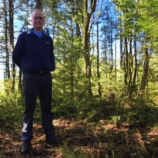 Image similar to DCI Tom Barnaby standing in a sunny forest clearing.