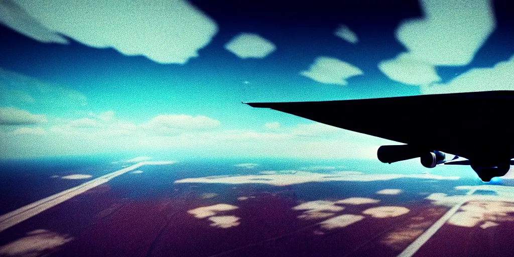 Image similar to a view under flying plane after a take off, photorealistic, kodak 2 5 0, taken in 1 9 9 7, noise, high quality, hd, uhd, octane render,