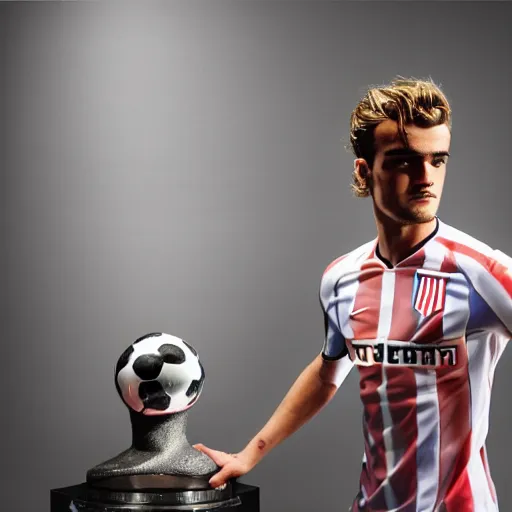 Image similar to a realistic detailed photo of a guy who is an attractive humanoid who is half robot and half humanoid, who is a male android, soccer player antoine griezmann, shiny skin, posing like a statue, blank stare, in a living room, on display, showing off his muscles