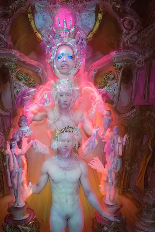 Image similar to full-body rococo and cyberpunk delicate neon crystalline sculpture of ((young muscular albino prince Sean Mendez)) as an iridescent humanoid deity wearing ((peach plastic hooded cloak)) (holding a human skull) in a white castle dungeon, reclining, glowing pink face, crown of (pink lasers), large blue diamonds, swirling black silk fabric. futuristic elements. oozing glowing liquid, full-length view. space robots. intricate artwork by caravaggio. Trending on artstation, octane render, cinematic lighting from the right, hyper realism, octane render, 8k, depth of field, 3D