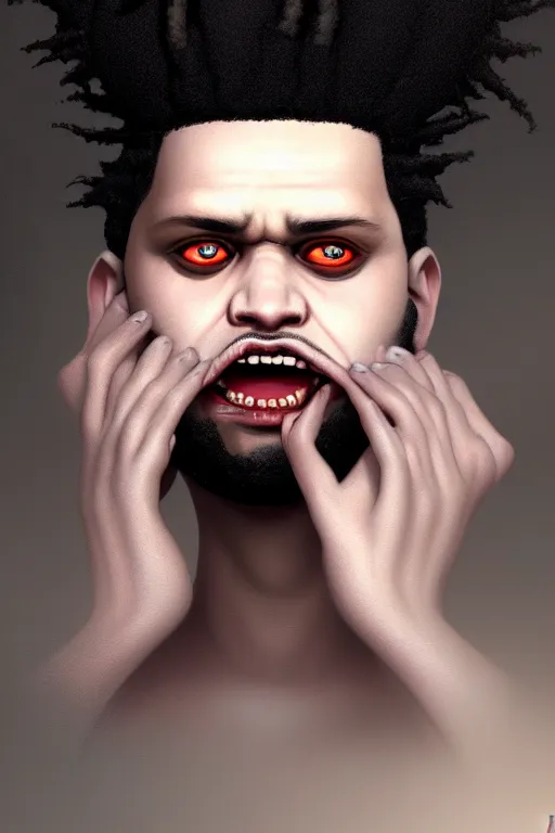 Image similar to a demonic horrific portrait of the weeknd, white eyes, bored, illustration, soft lighting, soft details, painting oil on canvas by edmund blair leighton and charlie bowater octane render, hdr, trending on artstation, 4 k, 8 k, hd