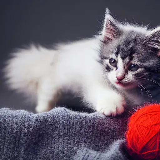 Image similar to a very happy and fluffy kitten wearing knitted clothes playing with a ball of yarn, award-winning photograph, depth of field, 8K UHD