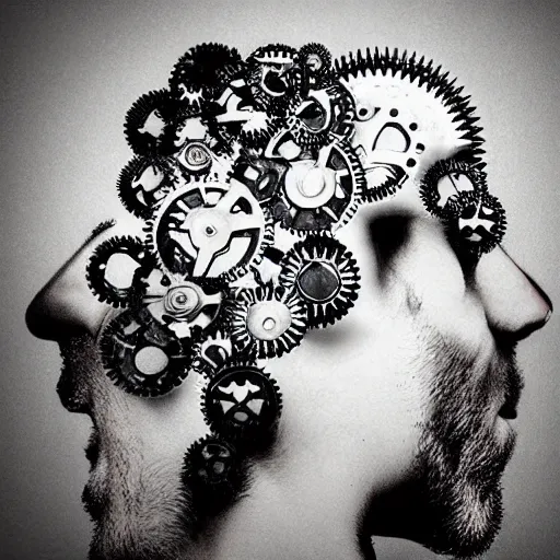 Prompt: photorealistic people's heads cling to each other like gears in a transmission