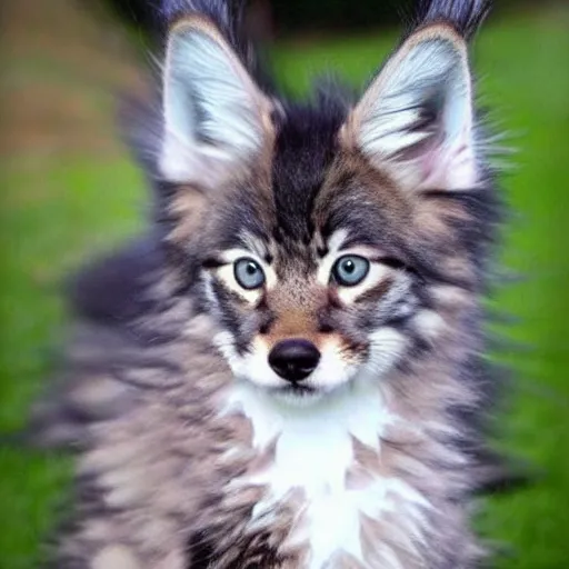 Image similar to a very cute maine coon coyote wolf kitten hybrid with long fluffy tail