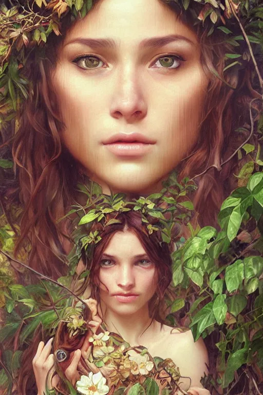 Image similar to ultra realistic illustration, bohemian girl in jungle, staring directly into camera, intricate, elegant, highly detailed, digital painting, artstation, concept art, smooth, sharp focus, illustration, art by artgerm and greg rutkowski and alphonse mucha