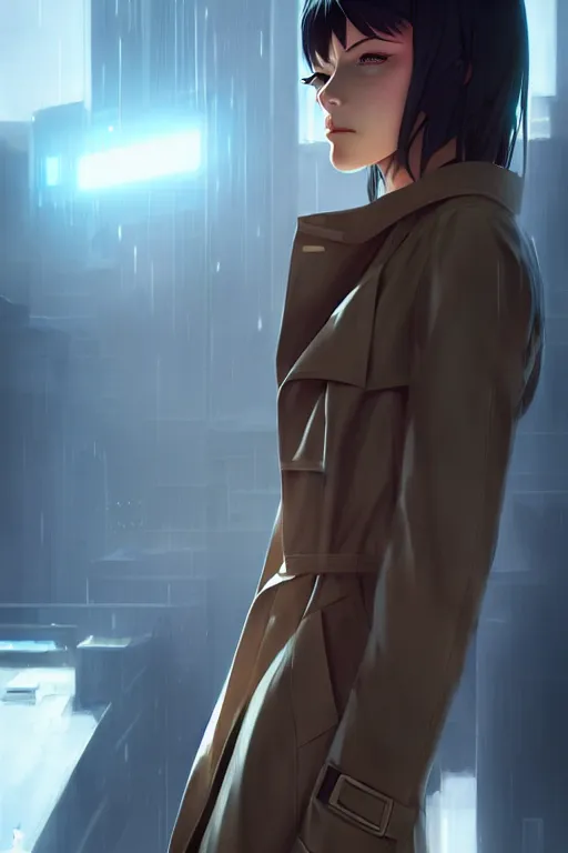 Image similar to realistic render of a cyborg - girl wearing a long trench coat by ross draws, futuristic dystopian city by ilya kuvshinov, digital anime art by ross tran, composition by sana takeda, lighting by greg rutkowski