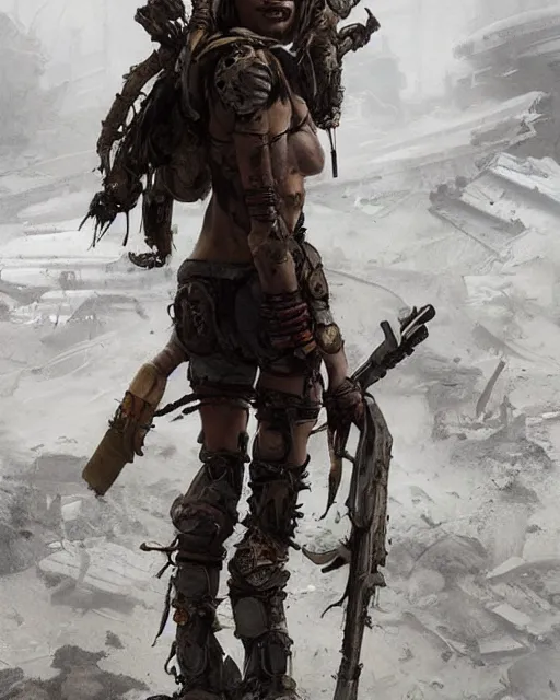 Prompt: hyper realistic photo of postapocalyptic nomad cyborg girl, full body, cinematic, artstation, cgsociety, greg rutkowski, james gurney, mignola, craig mullins, brom