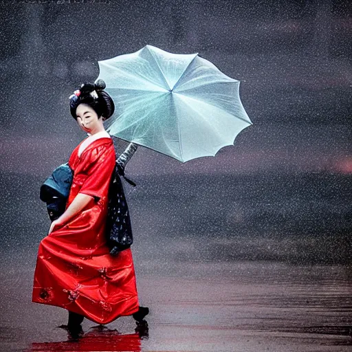 Prompt: dramatic portrait of a geisha holding and umbrella in a rainstorm at sunset by rob rey