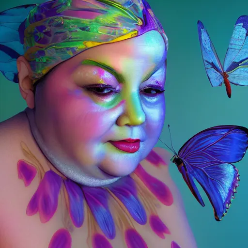 Prompt: the beautiful colorful butterfly with the head of a sweet fat old woman, and transparent wings, is in love with the sweet baby. full body. long shot. subsurface scattering shiny skin. beautiful lighting, 4 k post - processing, trending in art station, cg society, highly detailed, 5 k extremely detailed, 3 d. cinematic scene. sharp image.