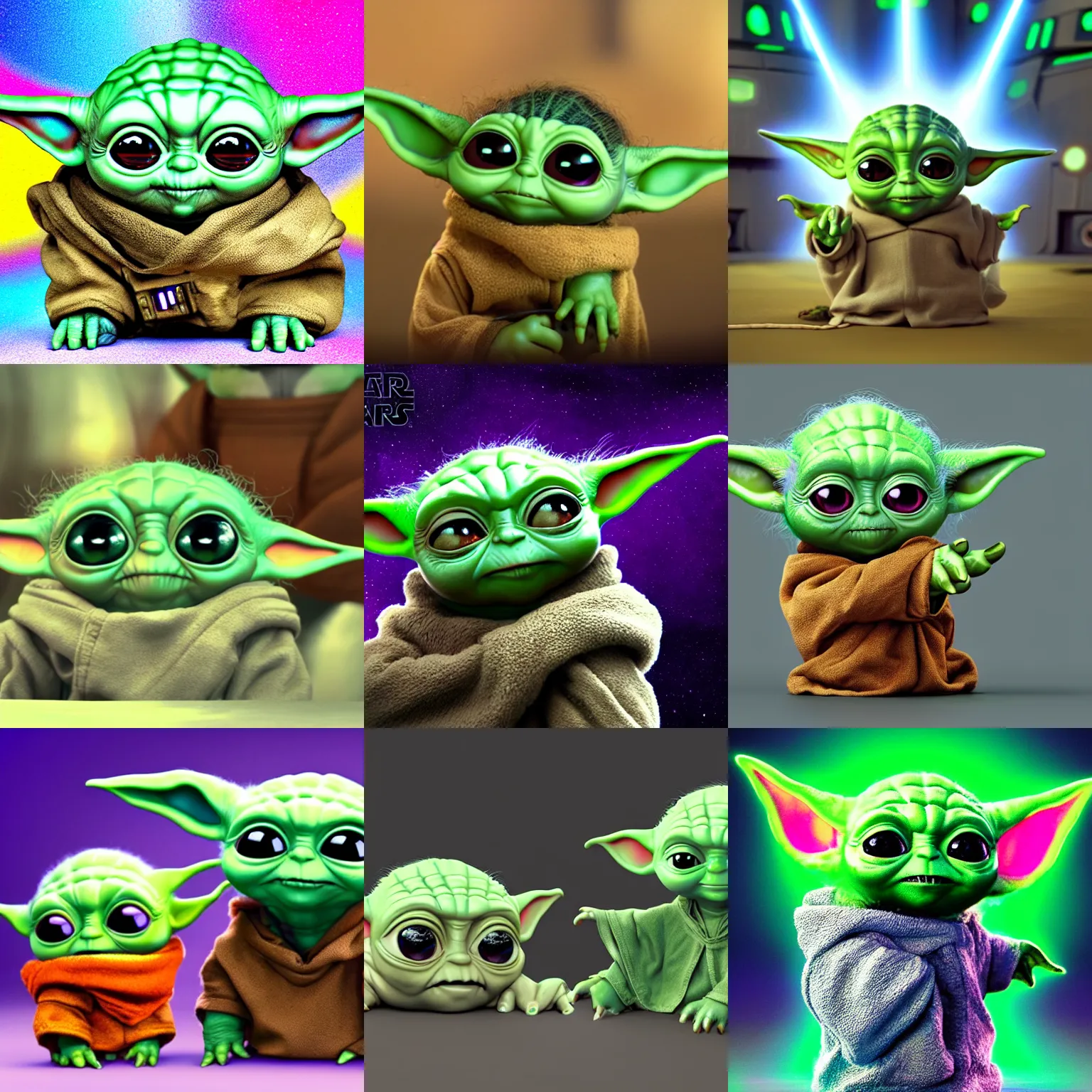 Prompt: cute starwars baby yoda named grogu illustrated by lisa frank, hyperdetailed octane render scene from a tv show 55mm:5, cute:2, yoda:-1