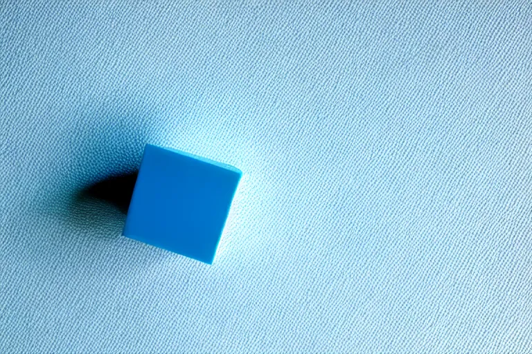 Image similar to single blue cube on white studio floor, soft light, 3 5 mm