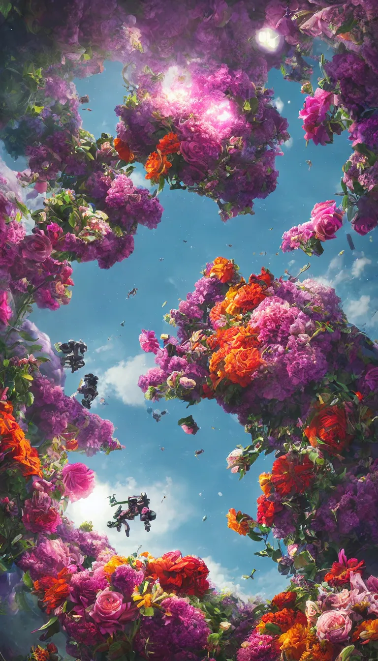 Image similar to An epic fantastic realism comic book style painting of the most beautiful flowers launched into space, bouquets, fisheye lens, unreal 5, DAZ, hyperrealistic, octane render, dynamic lighting