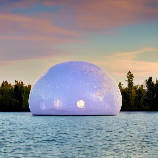 Prompt: a beautiful, many white soap bubble shaped building on the quiet lake