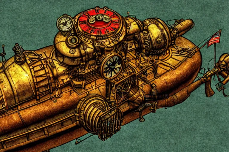 Image similar to steampunk submarine!, in the style of john avon and derek riggs and eva widermann, trending on artstation, halfrear lighting closeup view anaglyph filter, bokeh, anime, colored pencil art, jean henri gaston giraud