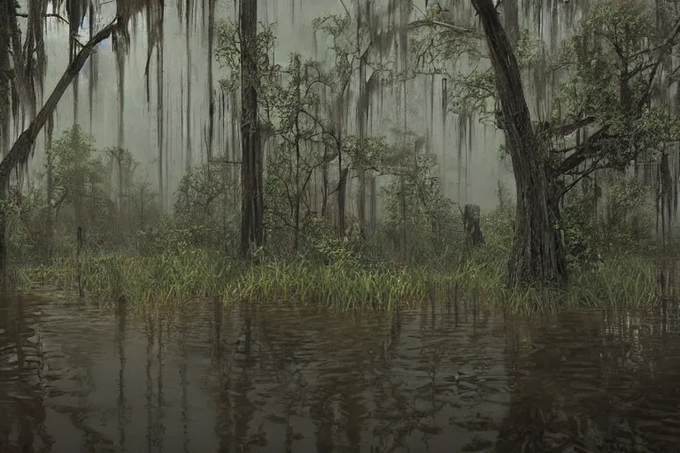 Prompt: scene from louisiana swamps,, neon cross, voodoo, 8 k, hyper detailed, artwork by tim eitel