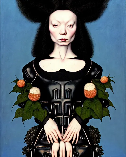 Prompt: symmetrical portrait of a woman with blue frizzy hair, wearing a high collar black dress by alexander mcqueen, and metallic platform shoes, standing in a botanical garden, bjork aesthetic, masterpiece, in the style of rogier van der weyden and jacopo da pontormo, by mark ryden, punk, asian art