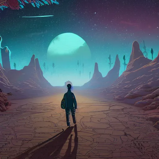 Image similar to weary traveller wandering through an alien world, by dan mumford, 4 k, beautiful, cinematic dramatic