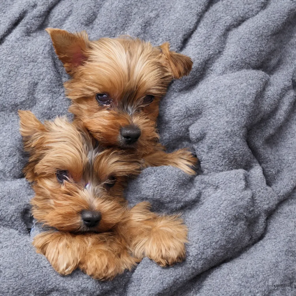 Prompt: digital painting of a cute adorable yorkie puppy sleeping on a soft blanket