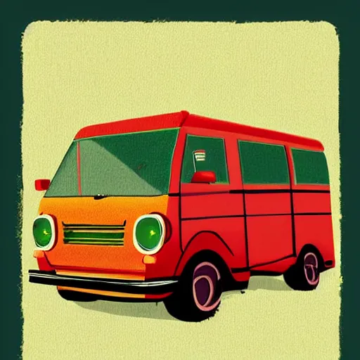 Prompt: retro painting illustration of a volswagen van, 2 d, pastel color, green, yellow, green, retro style art, trendy on artstation